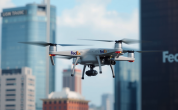 FedEx Drohne vor Stadtlandschaft