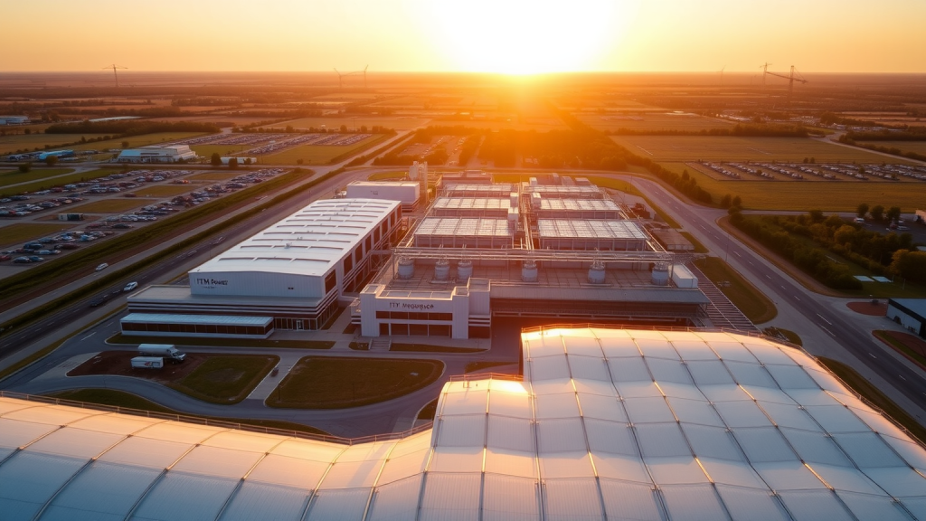 Luftaufnahme der ITM Power Wasserstoffanlage bei Sonnenuntergang