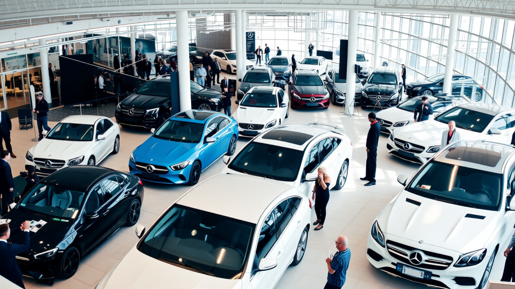 Mercedes-Benz Showroom voller Autos und Kunden