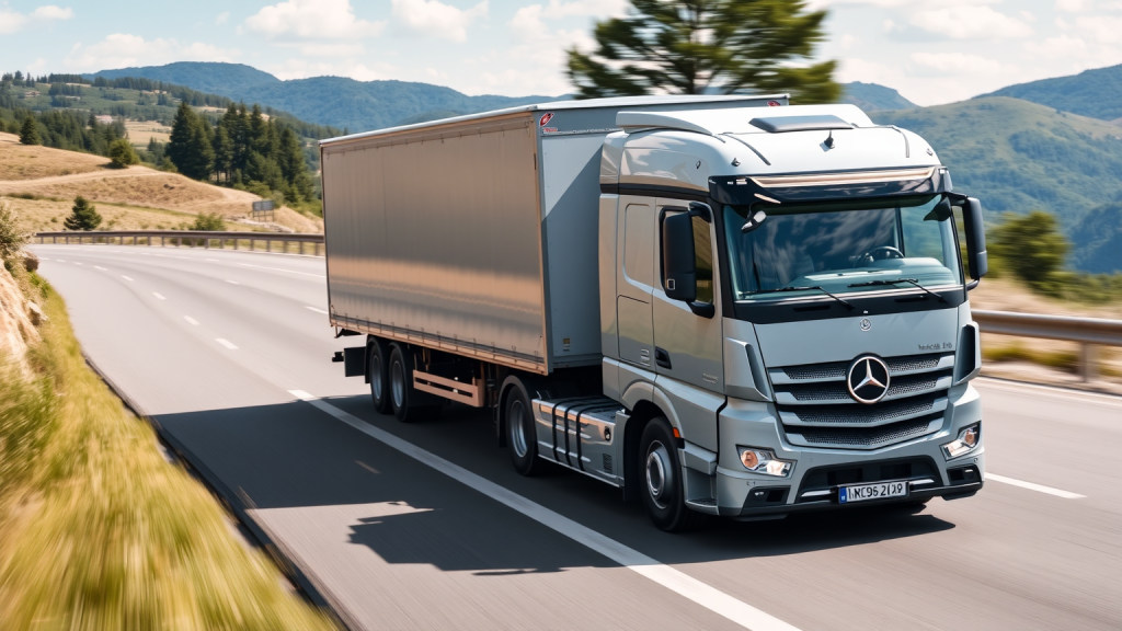 Mercedes-Benz-Lkw transportiert Ware auf landschaftlich schöner Strecke