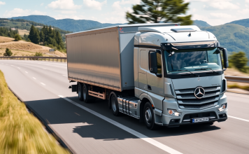 Mercedes-Benz-Lkw transportiert Ware auf landschaftlich schöner Strecke