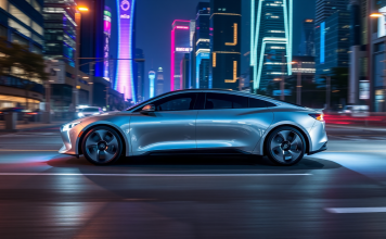 Nio-Limousine in futuristischer Stadt bei Nacht