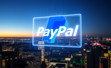 PayPal-Logo als Hologramm über Stadt mit Aktiencharts