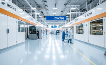 Pharmazeutische Fabrik mit Roche-Branding