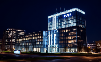 Modernes RWE-Hauptquartier beleuchtet