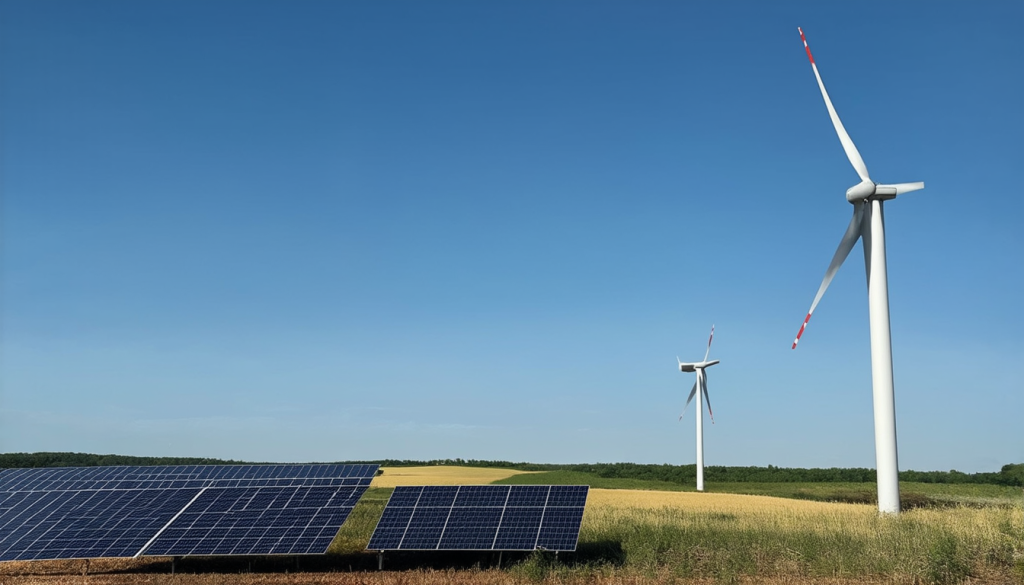 Windturbinen und Solarpaneele repräsentieren das Engagement von SFC Energy für erneuerbare Energien