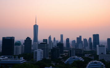 Moderne Stadt bei Sonnenuntergang