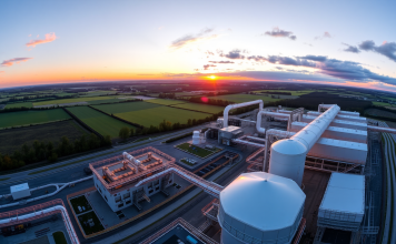 Panoramablick auf Siemens Energy Wasserstoffanlage im Sonnenuntergang