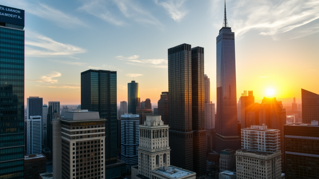 Finanzbezirk bei Sonnenuntergang mit Hochhäusern und reflektierendem Licht.