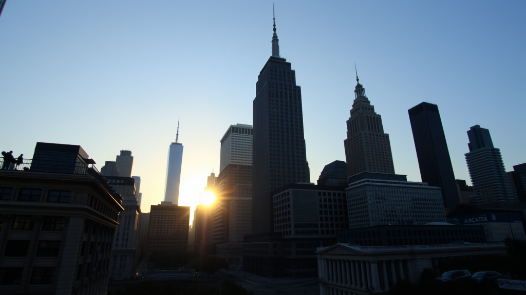 Ruhiger Morgen im Finanzviertel mit Sonnenaufgang.