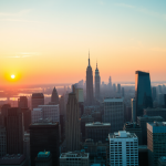 Skyline des Finanzviertels bei Sonnenaufgang