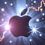 Holografisches Apple-Logo und Aktiencharts