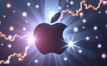 Holografisches Apple-Logo und Aktiencharts