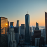 Stadtansicht bei Sonnenuntergang mit Wolkenkratzern