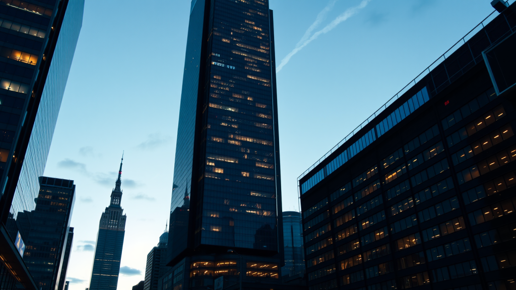 Moderne Finanzdistrikt in der Dämmerung mit beleuchteten Wolkenkratzern