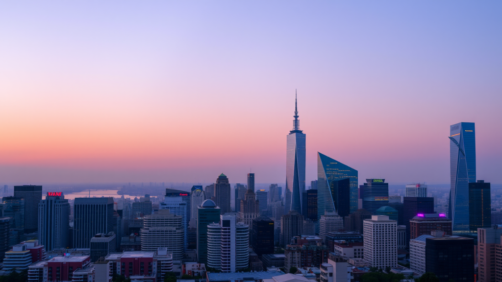 Lebendige Skyline bei Dämmerung mit Finanzdistrikt.