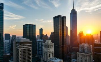 Finanzbezirk bei Sonnenuntergang mit Hochhäusern und reflektierendem Licht.