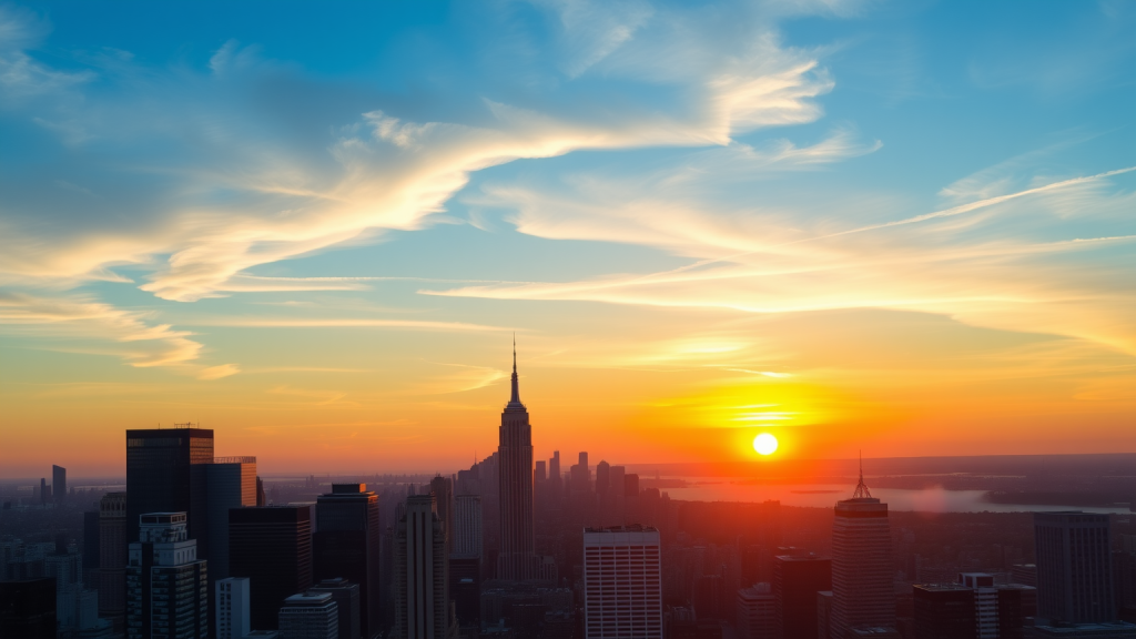 Sonnenaufgang über Finanzbezirk, der neue Marktchancen symbolisiert.