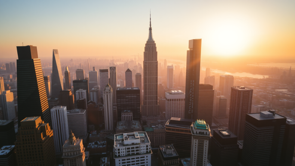 Überblick auf Finanzbezirk bei Sonnenaufgang