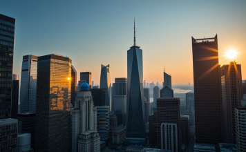 Stadtansicht bei Sonnenuntergang mit Wolkenkratzern