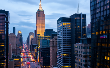 Skyline eines Finanzviertels bei Dämmerung