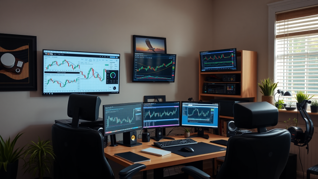 Heimisch eingerichtetes Büro mit Trading-Setup