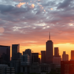 Stadtsilhouette des Finanzviertels im Sonnenaufgang