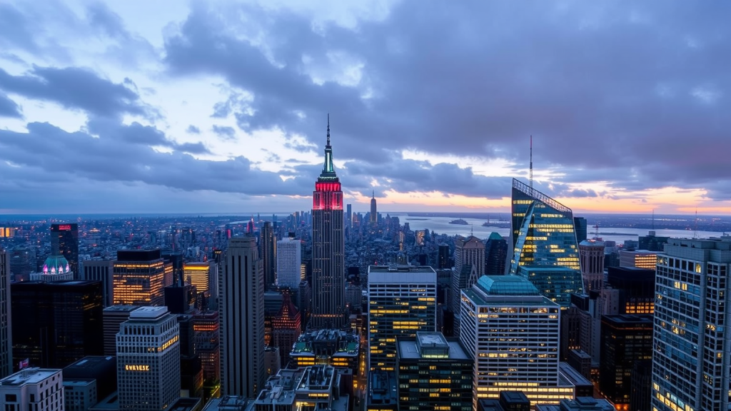 Finanzbezirk einer Stadt bei Dämmerung