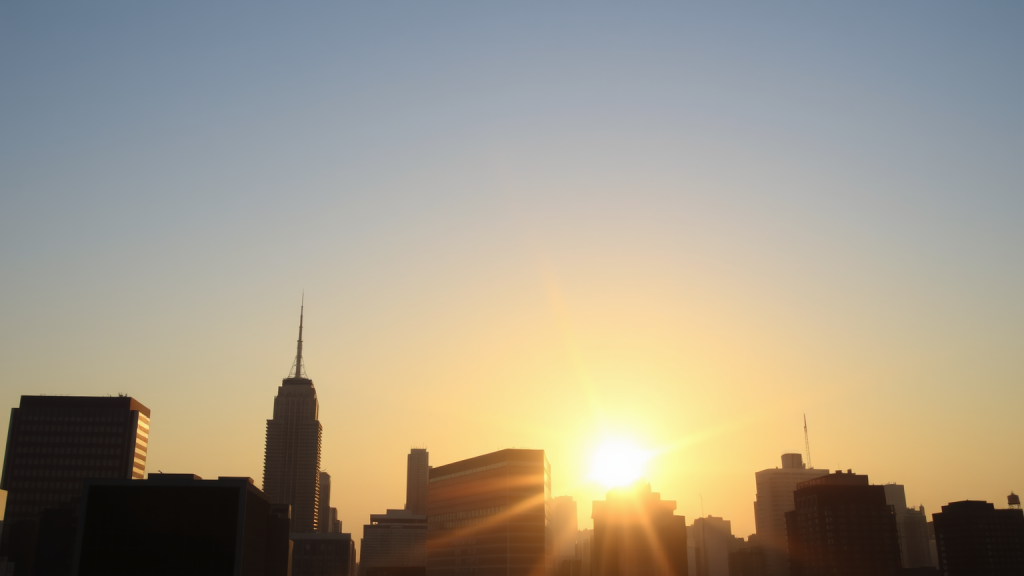 Morgendlicher Blick auf Finanzviertel im Sonnenaufgang