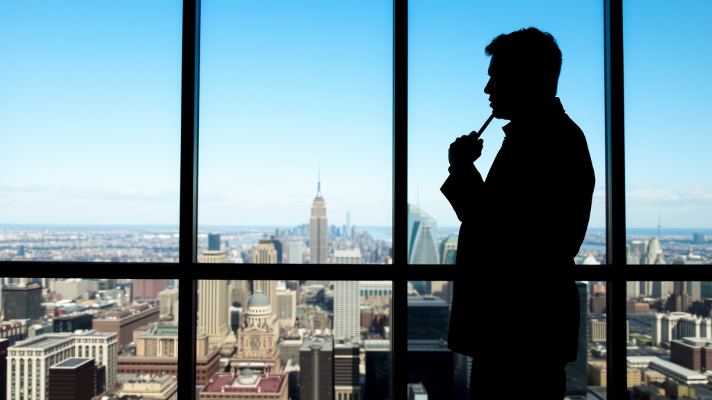 Silhouette eines nachdenklichen Traders vor Panoramafenster