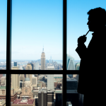 Silhouette eines nachdenklichen Traders vor Panoramafenster