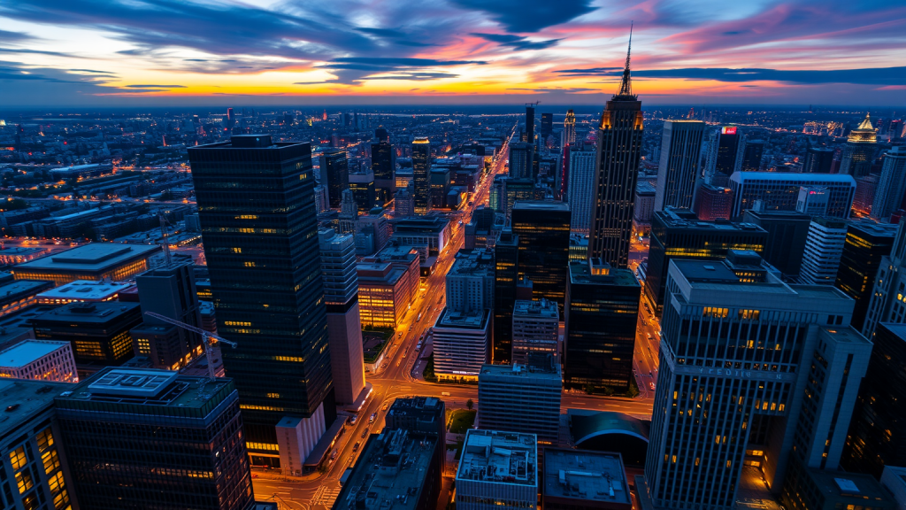 Finanzbezirk bei Sonnenuntergang, beleuchtete Bürogebäude, globales Finanznetz.