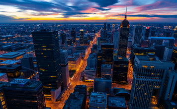 Finanzbezirk bei Sonnenuntergang, beleuchtete Bürogebäude, globales Finanznetz.