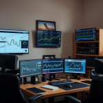 Heimisch eingerichtetes Büro mit Trading-Setup