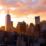 Beleuchtete Skyline eines Finanzviertels bei Sonnenuntergang.