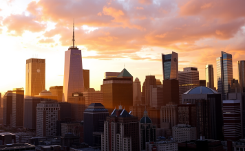 Beleuchtete Skyline eines Finanzviertels bei Sonnenuntergang.