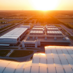 Luftaufnahme der ITM Power Wasserstoffanlage bei Sonnenuntergang