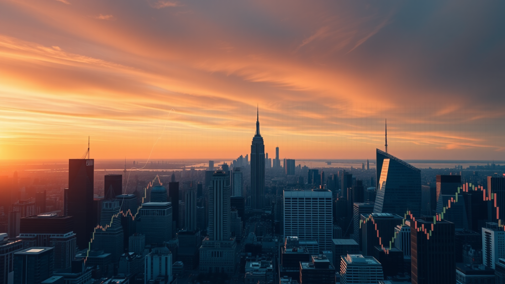 Panorama einer globalen Stadt bei Sonnenaufgang mit Aktienkursen im Himmel