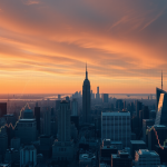 Panorama einer globalen Stadt bei Sonnenaufgang mit Aktienkursen im Himmel