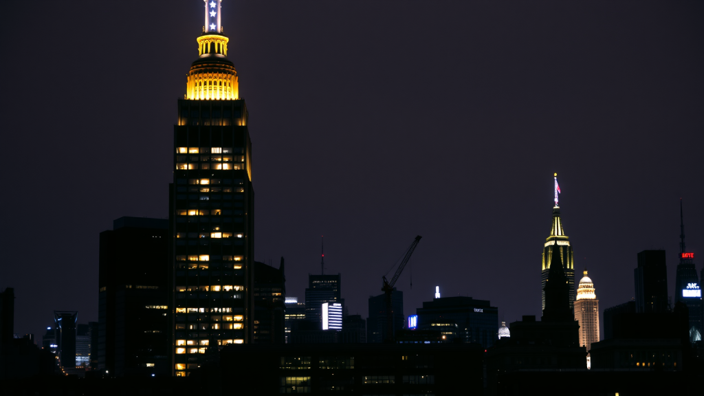 Eine ruhige Nachtszene mit einem beleuchteten Börsengebäude über der Stadtsilhouette.