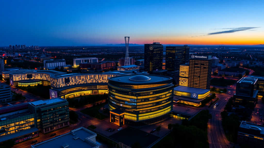 Mercedes-Benz-Zentrale in der Dämmerung