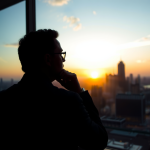 Nachdenklicher Investor schaut aus dem Fenster zur Stadt