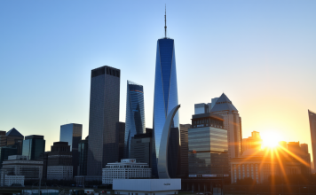 Großstadtsilhouette bei Sonnenaufgang