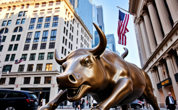 Wall Street am frühen Morgen mit der ikonischen Stierstatue