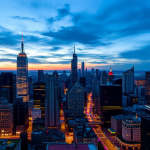 Städtische Skyline bei Dämmerung mit Börsenticker