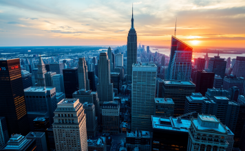 Blick auf das Finanzviertel einer Stadt bei Sonnenuntergang