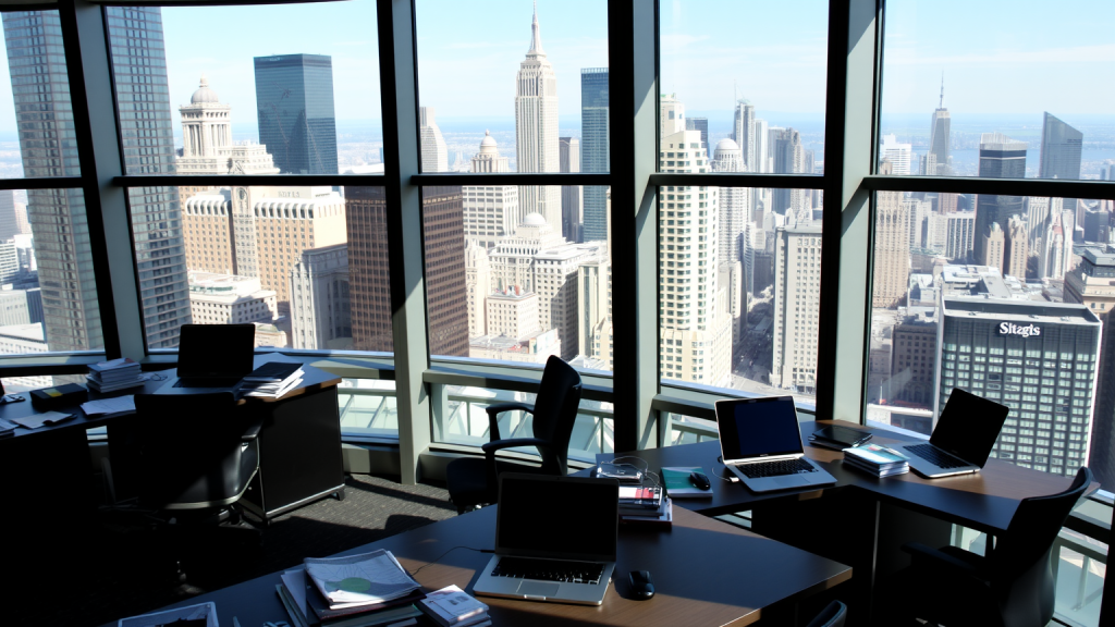 Modernes Büro mit Aussicht auf Finanzviertel bei Tageslicht und Schreibtischen voller Berichte