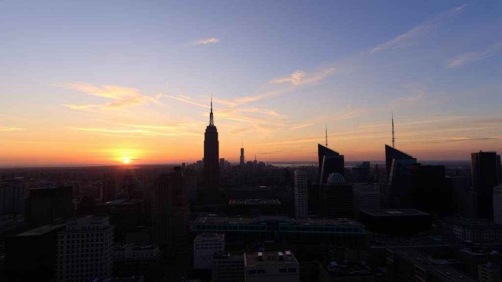 Finanzdistrikt bei Sonnenuntergang mit digitalem Ticker