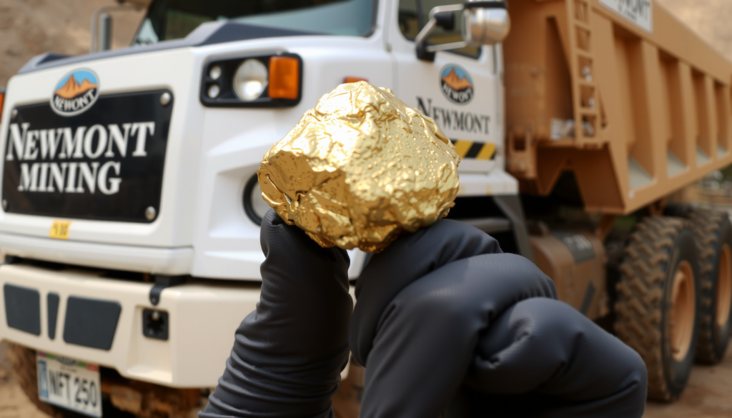 Ein glänzender Goldnugget in einer behandschuhten Hand vor einem Newmont Mining-Lastwagen