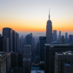 Stadtlandschaft mit Finanzgebäuden bei Sonnenaufgang.